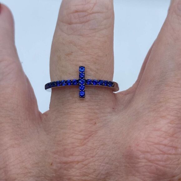 Blue Sapphire Cz Sterling Silver Sideways Cross Ring Size 7 - Picture 6 of 14